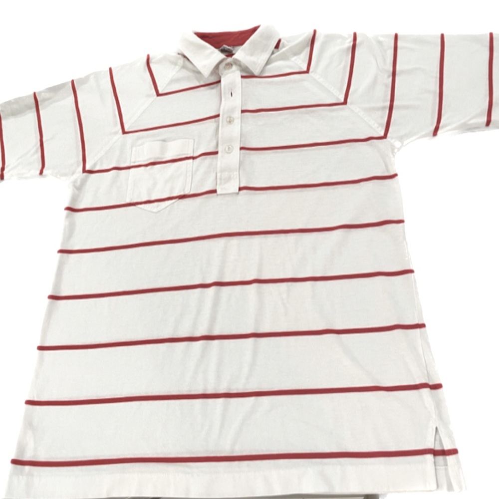 White with red pinstripes, thin cotton knit, short sleeve men’s polo. Size M.